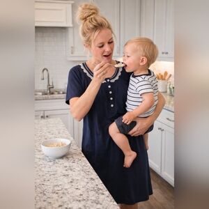 Aria Collection Navy Blue Nightgown with Neckline Trim and Pockets – Size L